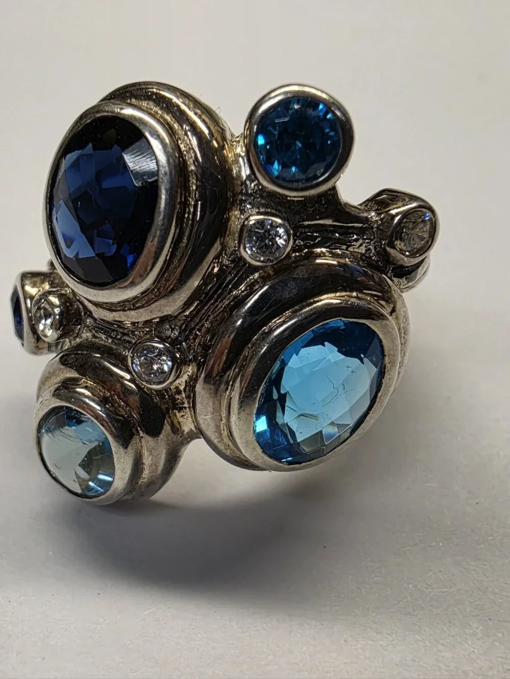 Sterling Silver Mosaic Multi Blue Gemstone Cocktail Ring Size 7.5